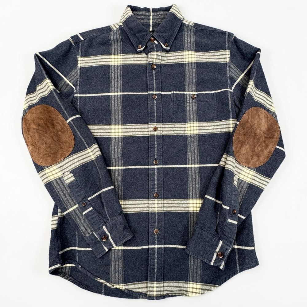 J. Crew Factory Navy Plaid Button-Down Shirt with Brown Elbow Patches